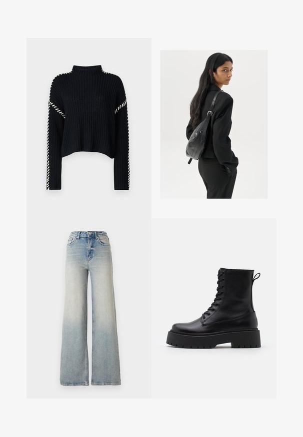 Vero Moda VMNEWCREAM czarny; Jasnoniebieskie dżinsy o szerokich nogawkach, wykonane z denimu, z wysokim stanem, pięcioma kieszeniami i widocznym przeszyciem wzdłuż szwów.; Czarne skórzane botki za kostkę z okrągłym noskiem, sznurówką z przodu i grubą gumową podeszwą z teksturowanym bieżnikiem. Pętelka do zakładania z tyłu.; Kobieta z długimi ciemnymi włosami, ubrana w czarny garnitur, trzymająca czarną skórzaną torbę na ramię, spoglądająca przez ramię na białym tle.