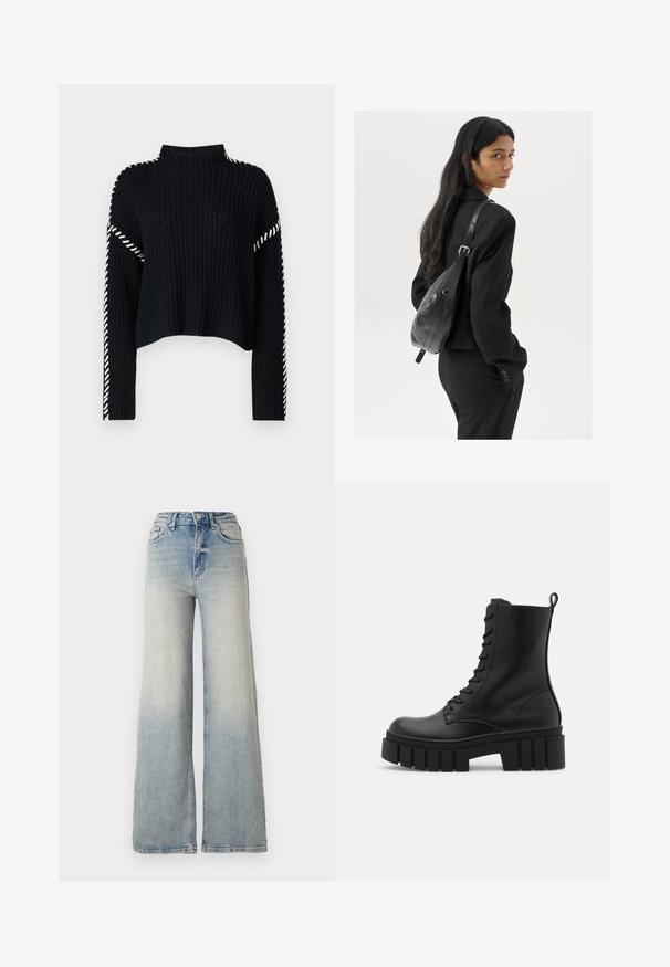 Vero Moda VMNEWCREAM FUNNELNECK PULLOVER - Maglione - black/birch; Jeans ampi di colore blu chiaro in denim, con vita alta, cinque tasche e cuciture visibili lungo le cuciture.; Stivale alla caviglia in pelle nera con suola spessa e scanalata, lacci anteriori e linguetta per il sollevamento su sfondo bianco liscio.; Donna con lunghi capelli scuri, vestita con un completo nero, che porta una borsa a tracolla in pelle nera, mentre guarda oltre la spalla su uno sfondo bianco.