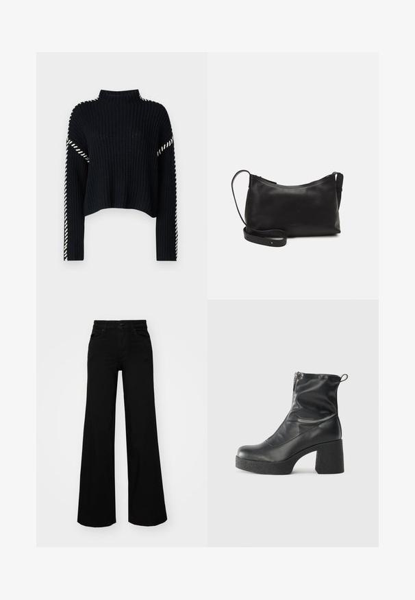Vero Moda VMNEWCREAM FUNNELNECK PULLOVER - Camisola - black/birch; Calças largas pretas em denim, com uma cintura estruturada, passantes para cinto e bolsos frontais. Textura suave com um design clássico.; Botas de tornozelo pretas feitas de couro liso, com fecho lateral, salto grosso texturizado e design de bico arredondado.; Bolsa de ombro em pele preta com textura suave, forma curva, alça ajustável e fecho com zip. Design minimalista sem adornos.