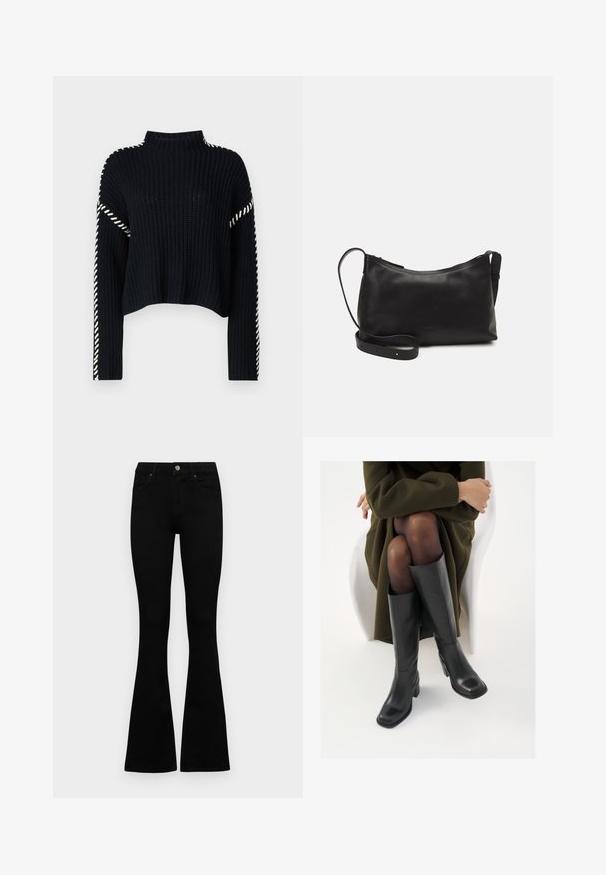 Vero Moda VMNEWCREAM FUNNELNECK PULLOVER - Pulóver - black/birch; Fekete, magas derekú farmernadrág gomb- és cipzárzárral, elülső zsebekkel és harangszárral, laposan egy fehér háttérre terítve.; Térdfelett érő fekete bőr csizmák négyzet alakú orral és tömbtalppal, olajzöld kabátban ülő modellel bemutatva. Simaság, minimalista részletezés.; Fekete bőr válltáska sima felülettel, ívelt formával, állítható pánttal és cipzáras záródással. Minimalista dizájn díszítmények nélkül.