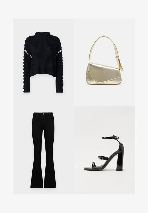 Vero Moda VMNEWCREAM FUNNELNECK PULLOVER - Pulóver - black/birch; Fekete, magas derekú farmernadrág gomb- és cipzárzárral, elülső zsebekkel és harangszárral, laposan egy fehér háttérre terítve.; Fekete lakk magas sarkú szandál négyzet alakú orral, bokapántokkal és ezüst csatokat tartalmaz. Masszív blokk sarka a stabilitásért felel.; Arany fémes kézi táska, strukturált dizájnnal, sima felülettel és állítható pánttal. Egyedi háromszög alakú, minimalistának mondható varrásokkal rendelkezik.