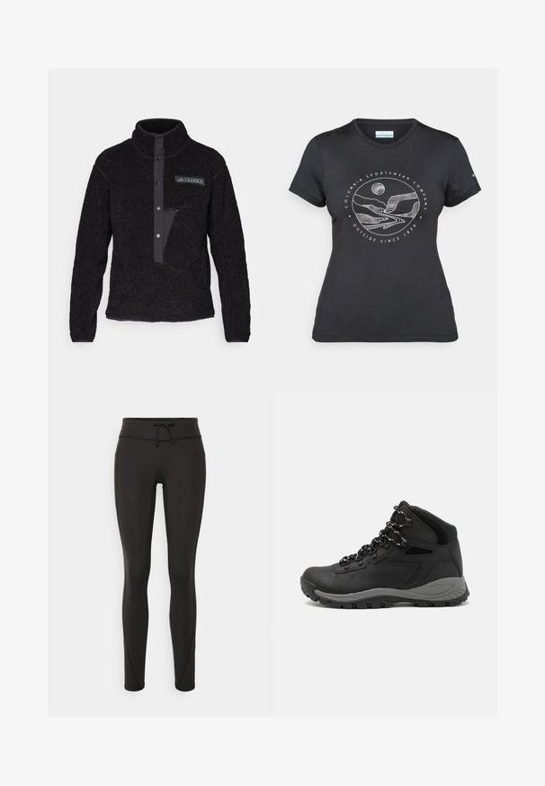 adidas Terrex XPLORIC HIGH PILE - Fleecepullover - black; Schwarzes Columbia-T-Shirt mit weißer kreisförmiger Berg- und Fluss-Linienkunst und dem Text "Columbia Sportswear Company - Draußen seit 1938."; Schwarze Leggings mit hohem Bund, Kordelzug, glatter Textur und tailliertem Design. Verfügt über Nähte entlang der Seiten.; Schwarzer Wanderstiefel mit einem mittelhohen Design, ausgestattet mit einer strukturierten Oberfläche, grauen Akzenten und einer robusten Gummisohle mit Profilstollen.