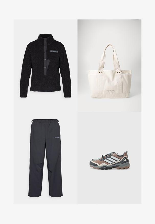 adidas Terrex XPLORIC HIGH PILE - Felpa in pile - black; Pantaloni leggeri neri per esterni con vita elasticizzata, tasche laterali e un logo sulla coscia destra. Tessuto liscio e resistente all'acqua.; Scarpa da trail leggera in marrone e grigio con una tomaia testurizzata, suola in gomma, strisce riflettenti e un sistema di allacciatura con regolazione a toggle. Etichetta Gore-Tex visibile.; Borsa in tela color beige chiaro con due manici resistenti, rifiniture bianche a contrasto e logo "THE NORTH FACE" in nero sul davanti.