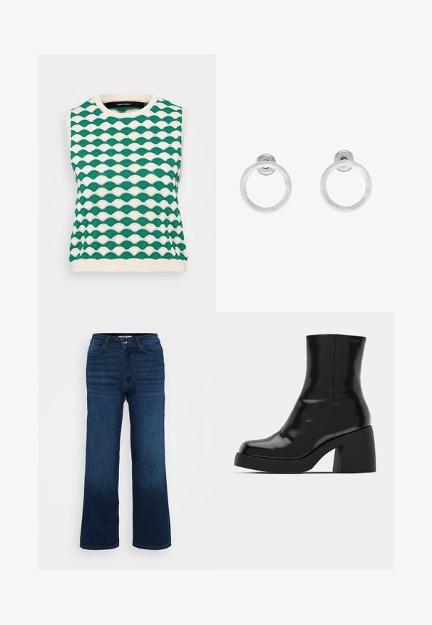 Nertinė be rankovių megztinis su banginiu raštu žalia ir kremine spalvomis. Apvalus iškirpimas su rauktiniu kraštu ir tekstūruota medžiaga.; ONLY Petite ONLMADISON BLUSH WIDE - Platėjantys džinsai - dark blue denim; Juodi kulkšniniai batai su blizgiu paviršiumi, kvadratiniu pirštu ir storu blokiniu kulnu. Dizainas pasižymi be siūlių siluetu ir minimalia ženklinimo. ; Sidabriniai metaliniai auskarai žiedų pavidalu su šveitimo tekstūra, turintys apvalų dizainą ir skaidrų laikiklį saugiam dėvėjimui.