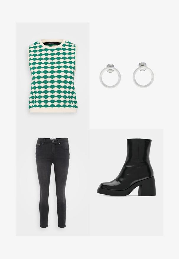 Maglione senza maniche lavorato a maglia con un motivo ondulato in verde e crema. Collo rotondo con orlo a costine e tessuto texture.; Jeans skinny neri in denim. Presentano una chiusura frontale con bottone e una tasca con zip in vita. Texture liscia con minima scoloritura.; Stivali neri alla caviglia con finitura lucida, punta quadrata e tacco a blocco spesso. Il design presenta una silhouette senza cuciture e un branding minimale.; Orecchini a cerchio in metallo argento con finitura spazzolata, caratterizzati da un design circolare e un gancio trasparente sul retro per una vestibilità sicura.