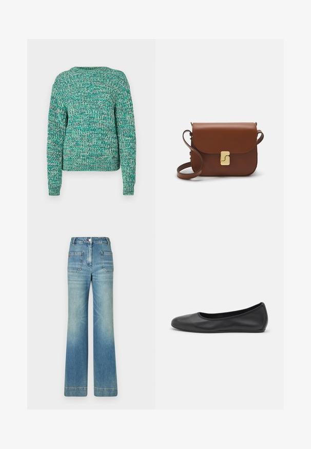 Knitted sweater in green and white with a textured pattern. Features long sleeves and a rounded neckline, lightweight fabric.; Light blue denim flared jeans with five pockets, belt loops, button closure, and a slightly faded texture, featuring a red logo detail on the back.; Black leather ballet flat with a rounded toe, smooth texture, minimal stitching detail, and a flexible sole design.; Brown leather handbag with a flap closure, gold-tone hardware, a shoulder strap, and a smooth texture. Compact rectangular shape.