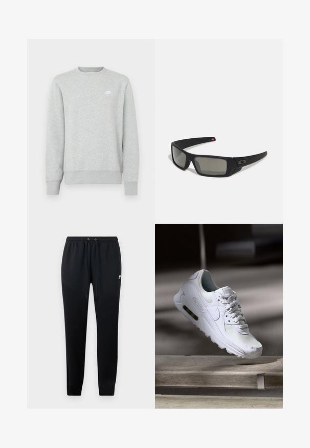 Sweatshirt cinza feito de uma mistura de algodão. Apresenta um decote redondo, punhos canelados e um pequeno logotipo branco da Nike no peito.; Calças de moletom pretas feitas de um tecido macio, com uma cintura elástica e cordões, punhos nas pernas e um pequeno detalhe do logo de lado.; Sapatilha Nike Air Max 90 branca com parte superior em malha e couro, caixa de dedos perfurada e uma unidade de ar visível no calcanhar.; Óculos de sol pretos com acabamento mate, lentes retangulares, leve curvatura nas hastes, detalhe sutil do logo e lentes de cor fumada.