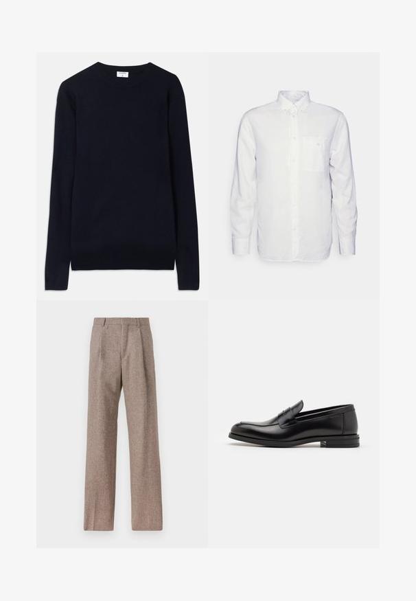 Granatowy sweter typu crew-neck wykonany z miękkiego materiału, z długimi rękawami i prążkowanymi wykończeniami przy kołnierzu i dolnym brzegiem. Czysty, minimalistyczny design.; Biała koszula z długim rękawem wykonana z bawełny, z kołnierzykiem zapinanym na guziki, przednią kieszenią i regularnym krojem. Teksturowana tkanina o gładkiej powierzchni.; Brązowe, wysokiej talii spodnie wykonane z teksturowanej tkaniny. Posiadają szerokie nogawki i dwa przednie zakładki dla lepszej struktury. Starannie wykończone, bez widocznych elementów metalowych.; Czarne skórzane mokasyny o gładkiej fakturze, zaokrąglonym nosku i dekoracyjnym pasku na przodzie. Niski, warstwowy obcas, minimalistyczny design.