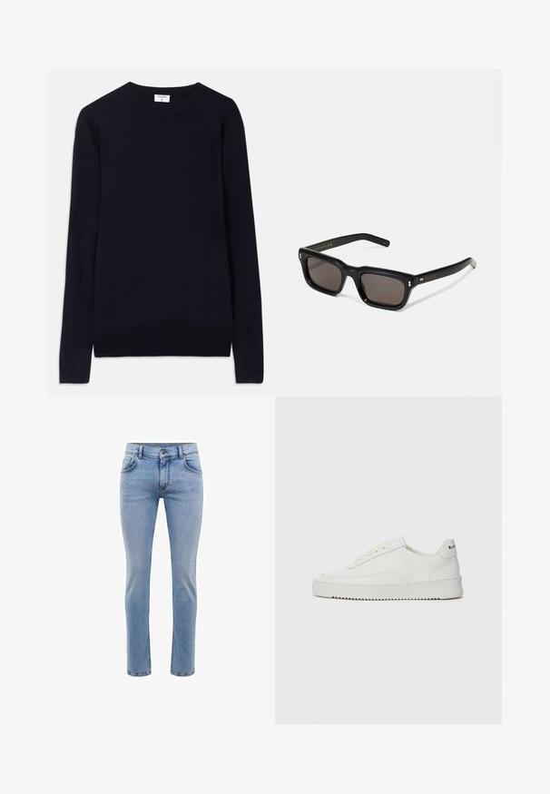 Marineblå crew-neck genser laget av mykt stoff, med lange ermer og ribbestrikkede detaljer ved kragen og kanten. Rent, minimalistisk design.; Lyseblå denimjeans med slim fit, fem lommer og rett bendesign. Har glidelås og beltehemper. Myk tekstur.; Hvite lærersneakers med en jevn overflate, rund tå, flate lisser og en teksturert såle. Har en subtil logo på hælen.; Sorte rektangulære solbriller med mørke linser, tykk plastikkramme, gullaccenter på skulderpartiet og merkevarelogo gravert på armen.