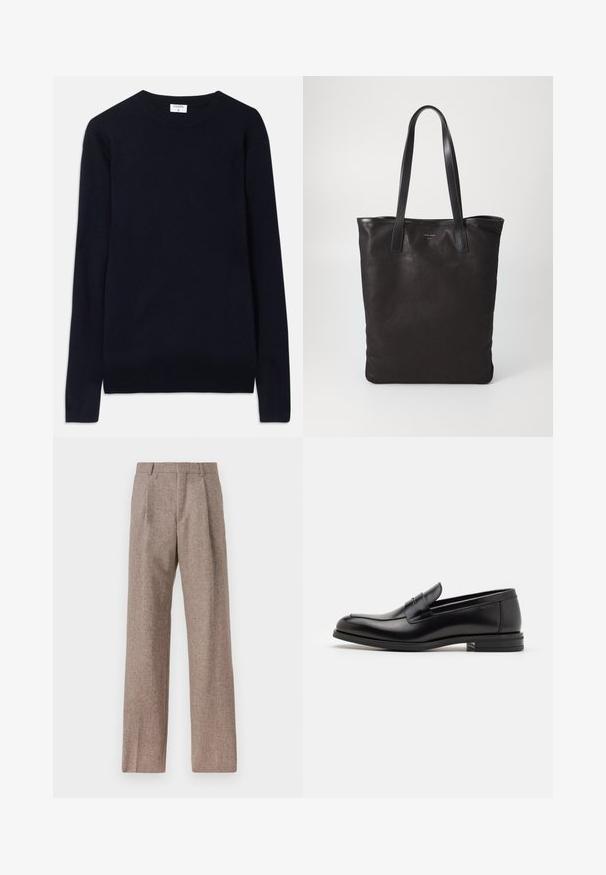 Sötétkék, kerek nyakú pulóver, puha anyagból készült, hosszú ujjal és bordás részletekkel a nyaknál és a szegélyen. Tiszta, minimális dizájn.; Barna, magas derekú nadrág texturált anyagból. Széles szárai és két elülső redője biztosítja a struktúrát. Ízléses kivitel, látható fémszerelés nélkül.; Fekete bőr loaferek sima textúrával, kerek orral és dekoratív pánttal a vampnál. Alacsony, rétegelt sarkú, minimalista dizájn.; Fekete vászontáska fekete bőr füllel. Egyszerű dizájn, tágas test és sima textúra. Nincsenek látható logók vagy minták.