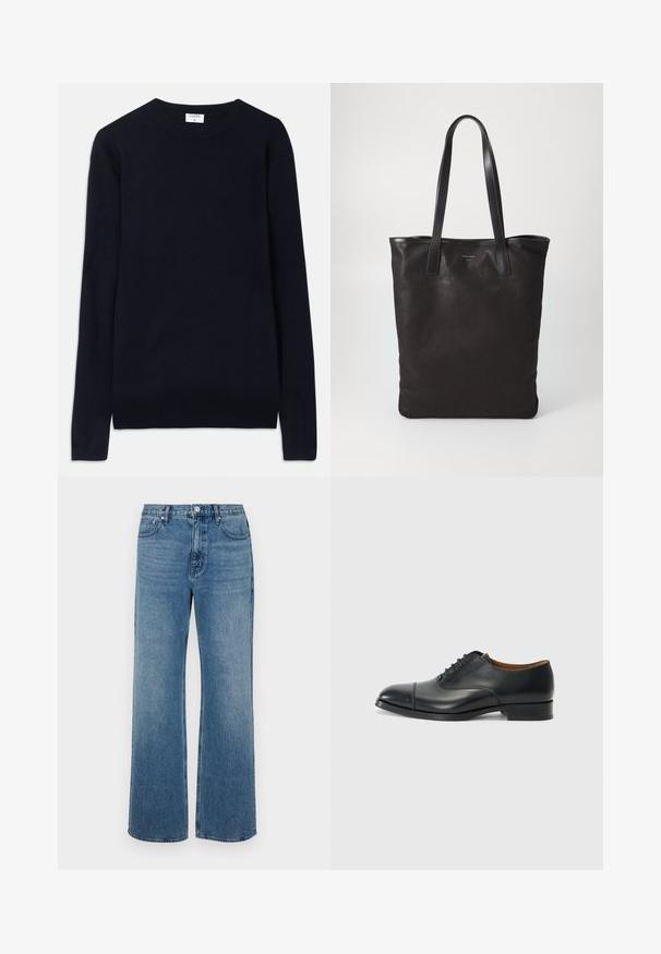 Pulover albastru marin cu guler rotund, realizat dintr-un material moale, având mâneci lungi și detalii ribelate la guler și la poale. Design curat, minimalist.; Jeans cu picioare largi din denim, cu un finisaj decolorat. Au cinci buzunare, închidere cu buton frontale și un croi drept.; Pantof de piele neagră, cu un finisaj neted, vârful rotunjit, cinci găuri pentru sireturi și toc mic pătrat. Design minimalist cu cusături subtile.; Geantă de umăr din pânză neagră cu mânere din piele neagră. Design simplu, corp spațios și textură netedă. Fără logo-uri sau modele vizibile.