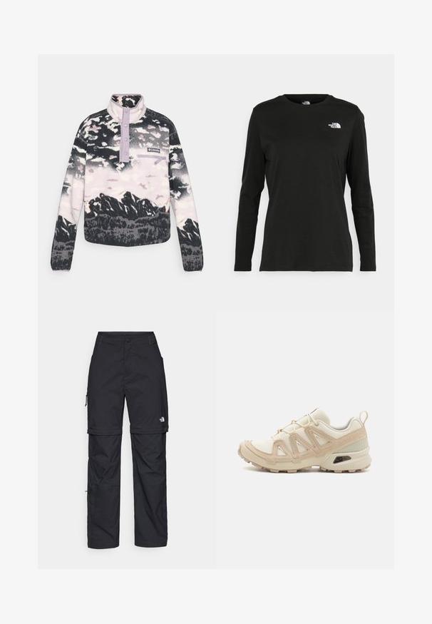 Polarowa bluza w kolorach czarnym, białym i różowym z nadrukiem górskiego krajobrazu, fioletowym kołnierzykiem, zapięciem na guziki oraz przednią kieszenią na zamek.; Czarna koszulka z długim rękawem z bawełny z okrągłym dekoltem. Posiada niewielkie białe logo po lewej stronie na piersi. Prosty design i fason.; Czarne nylonowe spodnie cargo z odpinanymi nogawkami, regulowanymi mankietami, wieloma kieszeniami oraz logo na prawej nogawce. Gładka, lekka tekstura.; Beżowe i kremowe buty sportowe z teksturowanej siateczki, wspierającymi nakładkami oraz gumową podeszwą z wzorem bieżnika zapewniającym przyczepność.