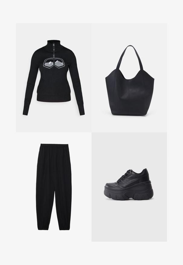 Čierny sveter na zips s vysokým golierom, zdobený bielym grafickým motívom hory na hrudi. Vyrobený z mäkkej, textúrovanej látky s priliehavými rukávmi.; Čierne, ľahké nohavice s elastickým pásom a zúženými nohavicami. Tkanina je hladká a má voľný, zúžený strih.; Čierne šnurovacie tenisky s hrubou podrážkou, s hladkým koženým zvrškom, okrúhlou špičkou a charakteristickým vrstveným dizajnom platformy.; Čierna taška s dlhým uchom vyrobená z hladkej kože, s oblým otvoreným vrchom a dvoma ramennými popruhmi, minimalistického dizajnu.
