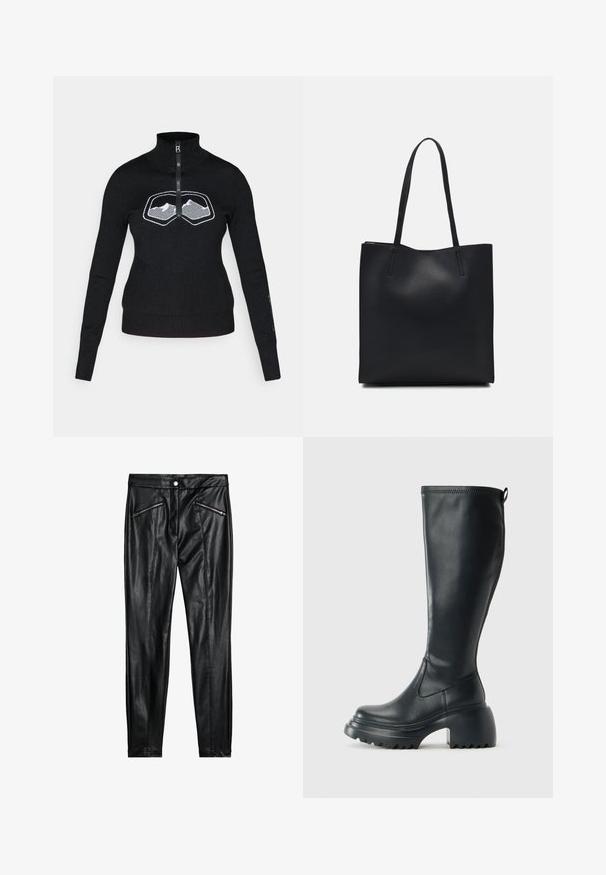 Musta vetoketjullinen neulepaita, jossa korkea kaulus ja valkoinen vuoristografiikka rinnassa. Valmistettu pehmeästä, teksturoidusta kankaasta ja siinä on istutetut hihat.; Mustat nahkahousut, joissa on tiukka muotoilu, kaksi vetoketjullista etutaskua sekä sileä rakenne kiiltävällä pinnalla.; Korkeat mustat nahkakengät, joissa on paksu pohja ja lohkare korko, varustettuna vetonauhalla ja tekstuurilla ulkopohjassa.; Mustapahkainen kangaskassi, jossa on sileä pinta, suorakaiteen muotoinen ja kaksi pitkää kahvaa. Ei näkyvää metalliosaa tai koristeita.