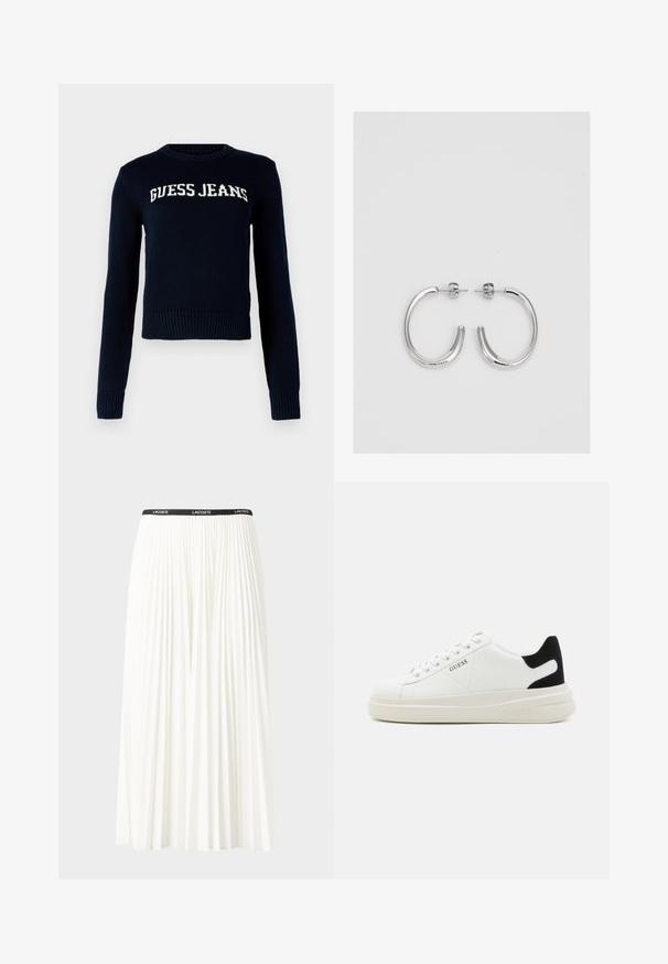 Guess Jeans INTARSIA SWTR - Neule - daring ocean; Hame valkoinen pliseerattu hame mustalla joustavalla vyötäröhihnalla, jossa on "LACOSTE"-logo. Puolipitkä malli pehmeällä tekstuurilla.; Valkoiset nahkakengät paksulla valkoisella pohjalla, mustalla mokkanahkaosuudella kannassa ja kohokuvioitu logo sivulla. Nauhakeskitys kuudella reiällä.; Hopehopeet hopehopeet hopehopeet hopehopeet, jolla on sileä, kiiltävä pinta. Pyöreä muoto, kevyt rakenne, jossa on neulakiinnitys.