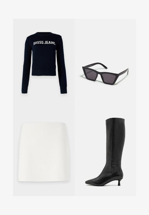 Guess Jeans INTARSIA SWTR - Jersey de punto - daring ocean; Minifalda blanca ajustada con una textura suave y líneas limpias. Sin patrones ni herrajes visibles. Dobladillo recto en la parte inferior.; Zign Botas - black; Gafas de sol negras y angulares con lentes grises; fabricadas en plástico, con varillas gruesas de superficie suave y sin herrajes visibles.; Bolso de mano de ante negro con cierre de cremallera y correa para la muñeca desmontable. Presenta herrajes en tono dorado y una textura lisa y mate.