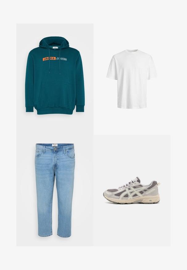 Jack & Jones JJECORP LOGO HOOD PLAY - Pulover s kapuco - deep teal; Bela bombažna majica s krojem in kratkimi rokavi, ki ima sproščen kroj in gladko teksturo, brez vidnih vzorcev ali grafik.; Svijetloplave traperice s opuštenim krojem, dizajnom s pet džepova, kopčanjem na dugme i vidljivim detaljima šivanja.; Sive in bele športne copate z mrežastim zgornjim delom, oblazinjenim podplatom, teksturiranimi detajli in izstopajočim logotipom GEL na peti.