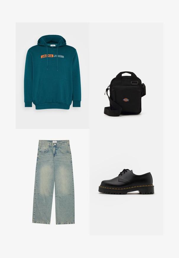 Jack & Jones JJECORP LOGO HOOD PLAY - Kapucnis pulóver - deep teal; Világoskék, laza szabású farmernadrág, két elülső zsebbel, gombos záródással és elhalványodott mosással, jól látható varrással.; Fekete bőr, fűzős cipő lekerekített orral, texturált gumitalppal és sárga varrással az alján. Lapos design és sima felület.; Fekete keresztpántos táska cipzáras zsebbel, téglalap alakú, szövetből készült, az elején logóval ellátva, állítható vállpánttal.