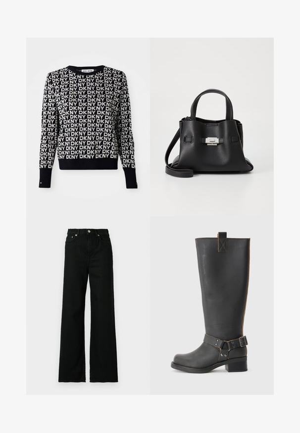Černý a bílý svetr DKNY z džínoviny s opakujícím se vzorem loga, kulatým výstřihem, dlouhými rukávy, žebrovaným lemem a knoflíkovým akcentem na manžetách.; Černé džíny z denimu s vysokým pasem, širokými nohavicemi, předním zapínáním na knoflík a zip, a klasickým designem pěti kapes.; Černé kožené vysoké boty po kolena s texturovaným povrchem, které mají boční kovovou sponu a nízký podpatek. Podrobné šití podél švů.; Černá kožená kabelka s texturovaným povrchem, vybavená dvěma horními uchy, odnímatelným ramenním popruhem a stříbrným detailem s uzávěrem.