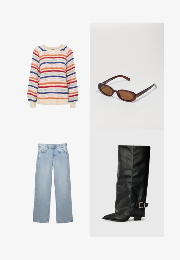 Flerfärgad stickad tröja med horisontella ränder i röd, blå, orange och krämvit, med en texturerad yta och elastiska ärmslut.; Ljusblå denim byxor med vid bendesign, featuring en knapp- och dragkedjestängning, fem fickor och minimala sömnadsdetaljer.; Svarta läderstövlar i ankellängd med spetsig tå, slät yta och en silverfärgad spänne på sidan. Kraftig fyrkantig klack.; Runda, bruntonade solglasögon med en glansig bordeauxfärgad ram. Smala bågar med subtilt varumärkesdetalj. Platt linsdesign.; Gul paljettdragväska med ett cirkulärt handtag, featuring glänsande runda paljetter och en texturerad tyg. Måtten är inte angivna.