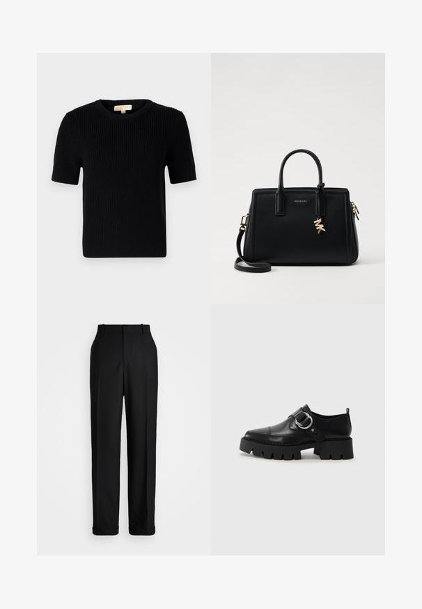 Schwarzer, gestrickter Pullover mit kurzen Ärmeln und rundem Halsausschnitt. Verfügt über eine gerippte Textur und einen gerade geschnittenen Saum. Etikett im inneren Kragen.; Polo Ralph Lauren HIGH RISE RELAXED STRAIGHT TROUSER - Stoffhose - black; Schwarze Leder Schuhe mit einer dicken, gerippten Sohle, die mit einer runden silbernen Hardware-Akzent und minimalen Stickdetails ausgestattet sind.; Schwarze Ledertasche mit strukturiertem Design, doppelten oberen Griffen, abnehmbarem Schulterriemen, goldfarbenen Beschlägen und einem Logo-Anhänger.