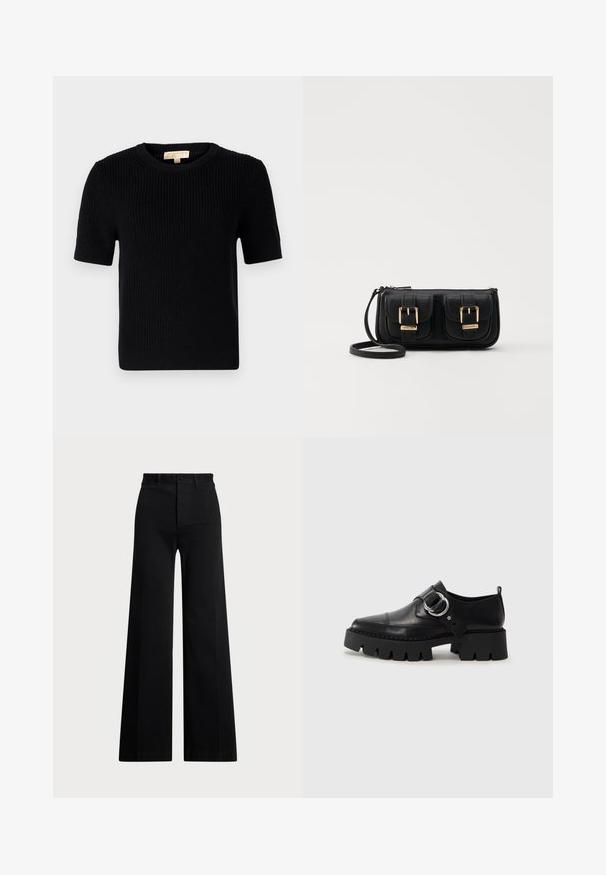 Czarny, dziany sweter z krótkim rękawem o okrągłym dekolcie. Posiada ribbowaną strukturę i prostą linię dołu. Metka na wewnętrznym kołnierzyku.; Czarne spodnie o szerokich nogawkach, wykonane z tkaniny tkanej, z wysokim stanem, z przodem zapinanym na guzik i kieszeniami bocznymi. Gładka faktura i czyste linie.; Czarne skórzane buty z masywną, żebrowaną podeszwą, z okrągłym akcentem ze srebrnego metalu i minimalnymi detalami szwów.; Czarna skórzana torba na ramię z dwoma przednimi kieszeniami, złotymi klamrami, zamkiem błyskawicznym i cienkim paskiem. Teksturowana powierzchnia i kompaktowy prostokątny kształt.