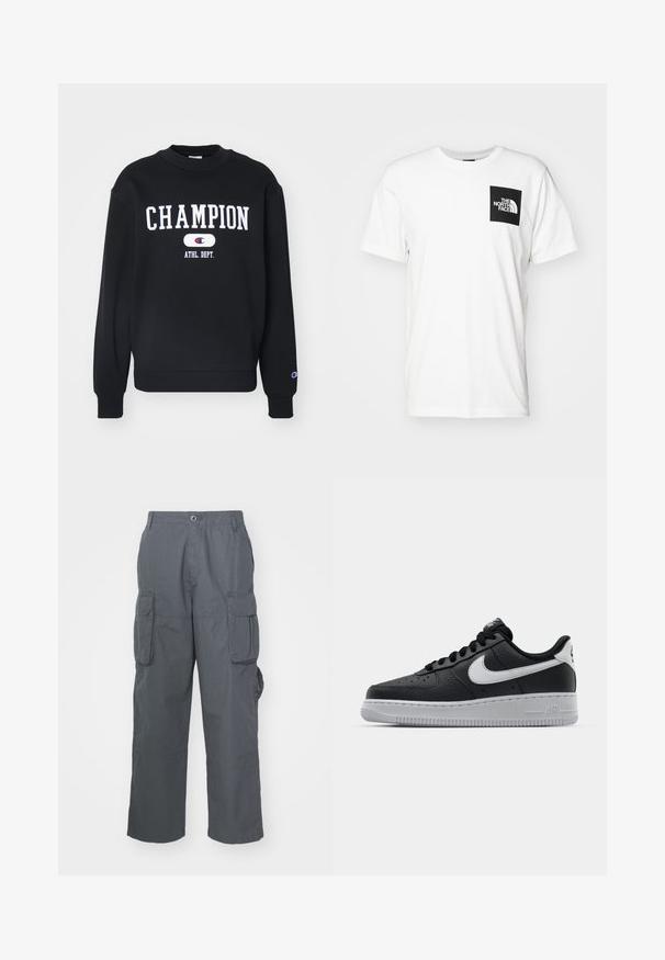 Black sweatshirt featuring the word "CHAMPION" in white, with "ATHL. DEPT." below. Ribbed crew neck and cuffs, soft fabric texture.; White cotton t-shirt featuring a black square pocket with "The North Face" logo in white. Short sleeves and a crew neck design.; Cargo pants in dark gray fabric; features multiple side pockets, a relaxed fit, and a button closure at the waistband.; Black leather sneaker with textured surface, white Nike swoosh, gray sole, round toe, and lace-up design. Features perforations on toe box.