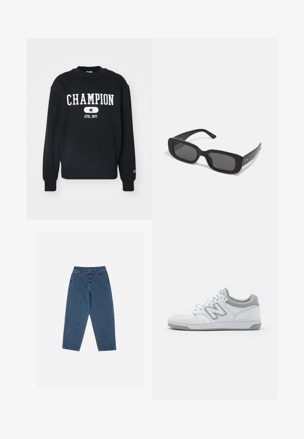 Zwarte sweatshirt met het woord "CHAMPION" in het wit, met daaronder "ATHL. DEPT." Ribbelboord rond de hals en mouwen, zachte stofstructuur.; Blauwe denim jeans met een ontspannen pasvorm, hoge taille, vijf-pocket ontwerp en stikselaccenten. Voorzien van een knoop- en ritssluiting.; Witte leren sneakers met grijze accenten, voorzien van een geperforeerde neus, platte veters en een patroon op de zool. New Balance-logo aan de zijkant.; Zwarte rechthoekige zonnebril met donkere lenzen, glanzende kunststof montuur en brede veren. Subtiele branding aan de zijkant.