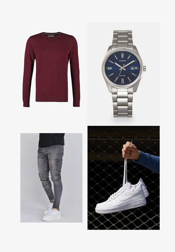 Bordeaux crewneck trui van soepele stof, met lange mouwen en geribbelde boorden en zoom voor extra textuur.; Skinny jeans in vervaagd grijs denim, met versleten details op de knieën, gecombineerd met witte sneakers. Gladde textuur, slank model.; Witte leren sneakers met perforaties, ronde neus, vlakke zool en dikke veters, met een zichtbare swoosh-logo en "AIR" op de hiel.; Zilveren roestvrijstalen horloge met een marineblauwe wijzerplaat, metalen uurmarkeringen en een datumnis op 3 uur. Waterbestendig tot 50 meter.