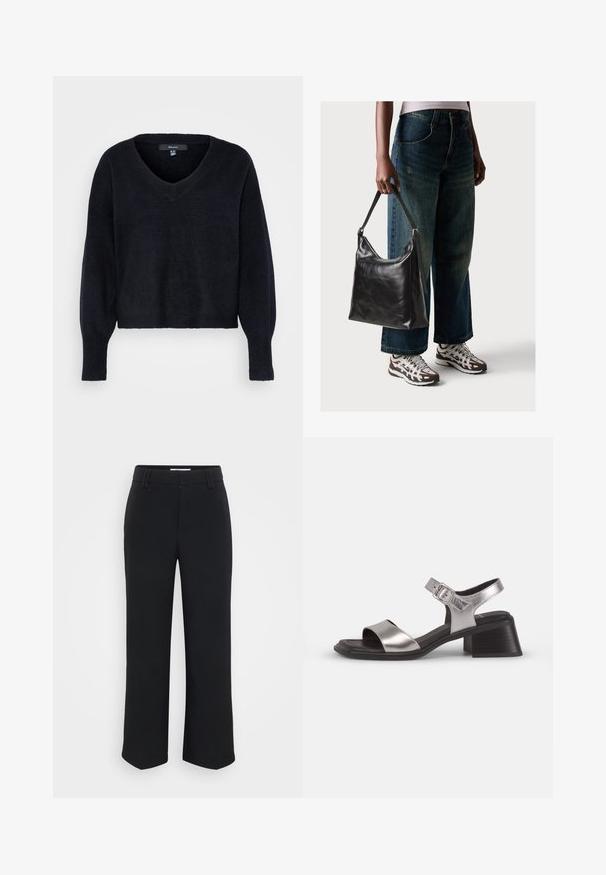 Čierny pletený sveter s výstrihom do V, dlhými rukávmi a voľným strihom. Mäkka textura s rebrovanými manžetami a lemom.; Čierne široké nohavice s hladkou textúrou, s plochým pásom a bočnými vreckami, navrhnuté v minimalistickom štýle.; Strieborné kožené sandále s otvorenou špičkou, obsahujúce široký predný remienok, remienok okolo členka so sponou a stredne vysoký blokový opatok.; Čierna kožená taška cez rameno s hladkou textúrou a nastaviteľným popruhom, skombinovaná s vyblednutými širokými džínsy a športovými teniskami.