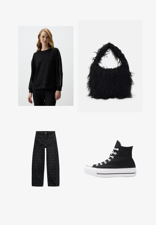 Czarna bluza z okrągłym dekoltem i długimi rękawami. Posiada białe paski po bokach oraz luźny krój. Wykonana z miękkiej, gładkiej tkaniny.; Biała krótka bluzka z bufkami i elastycznymi falbankami na dekolcie, talii oraz mankietach rękawów.; Czarne dżinsy o szerokich nogawkach z wzorem małych srebrnych grommetów, z klasycznym pięciokomorowym krojem i zapięciem na guziki.; Czarny wysokopodbiciowy sneaker z płótna, z białymi oczkami, sznurówkami i gumową podeszwą. Posiada teksturowany czubek oraz czarno-białe paski.; Even&Odd - Torba na zakupy