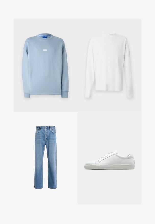 Light blue sweatshirt made of soft cotton blend, featuring a crew neck, dropped shoulders, and a small white logo on the chest.; Long-sleeved white cotton shirt with a round neckline, side slits at the bottom, and a smooth texture, displayed from the back.; Light blue denim jeans with a straight-leg design, five pockets, button closure, minimal fading, and contrasting stitching details.; White sneaker with a smooth leather upper and a low profile. Features a rounded toe, six eyelets, and a textured rubber sole.