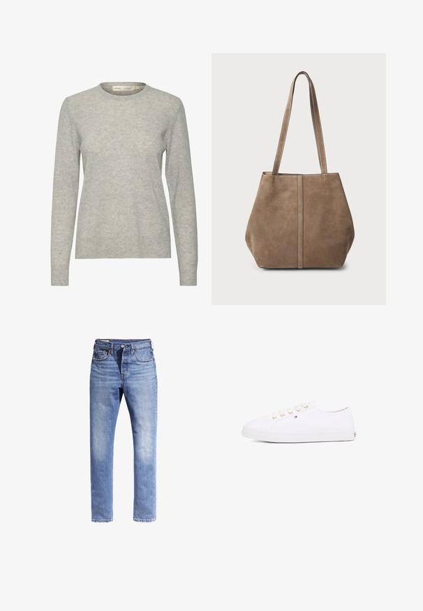 Hellgrauer Pullover aus weichem, strukturiertem Strick. Verfügt über einen runden Halsausschnitt und lange Ärmel mit gerippten Bündchen.; Hellblaue Denim-Jeans mit geradem Bein, fünf Taschen und kontrastierenden Nähten. Der Stoff sieht leicht abgerieben aus.; Weißes Leinensneaker mit goldenen Ösen, flachen Schnürsenkeln, strukturiertem Gummisohle und minimalem Branding an der Seite. Niedriges Profil.; Braune Wildleder-Tote-Tasche mit zwei langen Griffen, vertikalen Nahtdetails an der Vorderseite und einer weichen Textur. Geräumiges Design, das sich für den täglichen Gebrauch eignet.