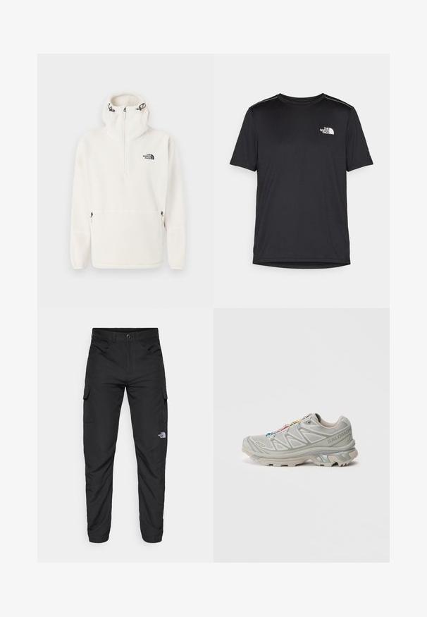 Biały polarowy hoodie z pół zamkiem, regulowanymi sznurkami w kapturze, zamykanymi bocznymi kieszeniami oraz logo The North Face na klatce piersiowej.; Czarny t-shirt z krótkim rękawem, wykonany z lekkiego materiału. Posiada małe białe logo na lewej piersi oraz subtelne akcenty na ramionach.; The North Face HORIZON czarny; Jasnoszary but sportowy z teksturowaną siateczką, z refleksyjnymi akcentami, wyraźnym bieżnikiem i kolorowymi sznurówkami. Posiada wspierającą konstrukcję.
