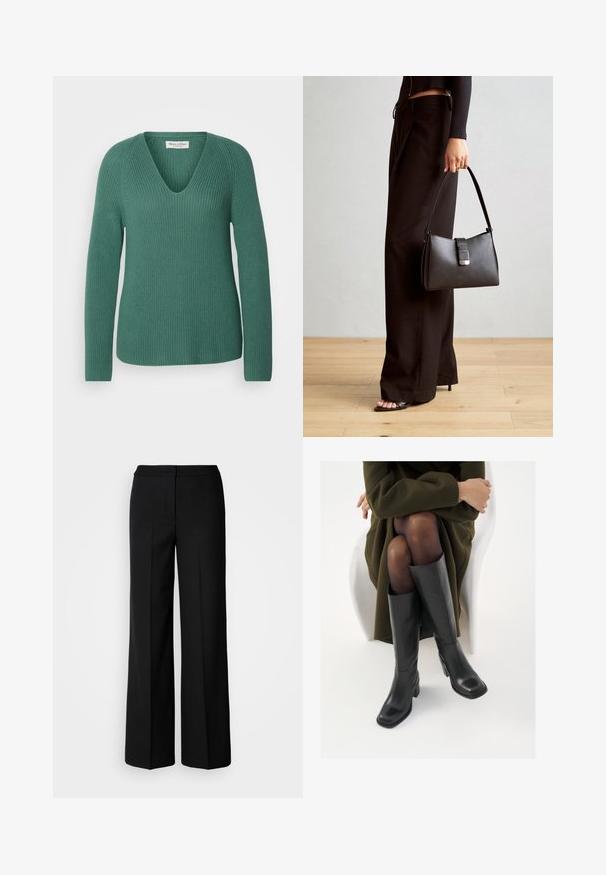 Marc O'Polo LONGSLEEVE V NECK - Trui - smooth green; Zwarte wijde broek van een gladde stof, met een hoge taille, nauwkeurig gestikte naden en een minimalistisch ontwerp. Geen zichtbare hardware of zakken.; Knieschijf hoge zwarte leren laarzen met een vierkante neus en blokhak, getoond met een model dat zit in een olijfgroene jas. Gladde textuur, minimale details.; Zwarte handtas met gestructureerde vorm, gladde textuur en een metalen sluiting. Gecombineerd met brede zwarte broeken en sandalen met open teen op een houten vloer.