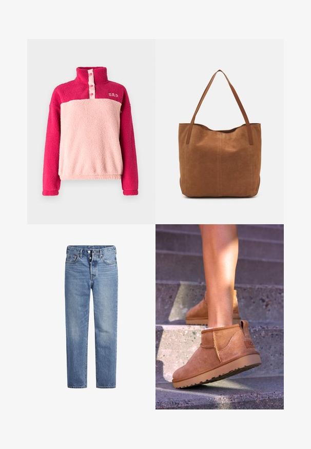 Fleece pullover met hoge kraag, met roze en lichtroze panelen. Inclusief knoopsluiting en "GAP" tekst op de bovenste linkerzijde.; Lichtblauwe spijkerbroek met een rechte snit, vijf zakken en een knoopsluiting. Heeft subtiele vervaging en oranje stikselaccenten.; Tamme suède enkelboots met een zachte textuur, gestikte details en een rubberen zool, met een lusvormige hak voor gemakkelijk aan- en uittrekken.; Bruine suède shoppers met twee lange handvatten, met een gladde textuur, eenvoudig ontwerp en zonder zichtbare hardware of accenten.