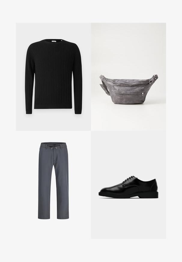Črni pulover z kabelskim pletenjem in dolgimi rokavi ter okroundim ovratnikom. Ima teksturiran vzorec ter rebraste manšete in rob.; Sive, elastične hlače z gumico in vezalko. Ravnina noge, izdelane iz gladkega materiala, imajo minimalne šive in brez vidne strojne opreme.; Črne usnjene oblečne čevlje z gladko površino, okroglim nosom, zavezovanjem in diskretnim gumijastim podplatom za oprijem.; Sivkasta zamšasta torbica s okroglo obliko, dvema žepoma na zadrgo in nastavljivim trakom. Ima kovinske dodatke.