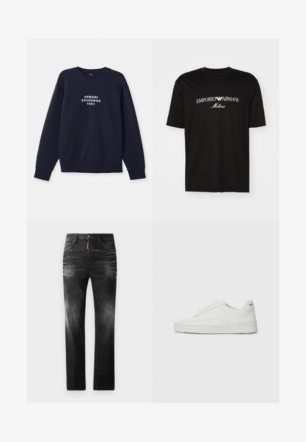 Mörkblå sweatshirt med långa ärmar, rund hals och ribbade muddarf. Har en vit "ARMANI EXCHANGE 1991" logotyp tryckt på framsidan.; Svart bomull T-shirt med rund halsringning, korta ärmar och "EMPORIO ARMANI" logotyp i vitt ovanför "Milano" i en rundad design.; Svarta denimjeans med rak passform. Har blekta områden, mindre slitningar, klassisk femficksdesign och knäppning med knapp.; Vita lädersneakers med en jämn yta, rund tå, platta snörningar och en strukturerad sula. Har en diskret logotyp på hälen.