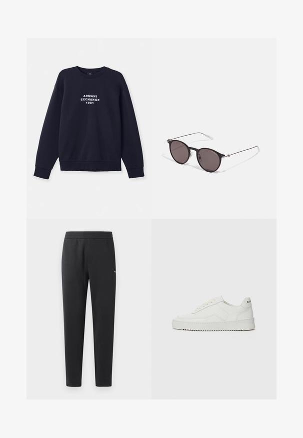 Hanorac bleumarin cu mâneci lungi, gât rotund și mansete ribbate. Prezintă logo-ul alb "ARMANI EXCHANGE 1991" imprermat pe față.; Pantaloni de jogger negri, confecționați dintr-un material moale, cu un brâu elastic, picioare drepte și un detaliu mic cu logo pe lateral.; Sneakers din piele albă cu un finisaj neted, vârf rotund, șireturi plate și o talpă texturată. Prezintă un logo subtil pe călcâi.; Ochelari de soare negri rotunzi cu lentile întunecate și brațe metalice subțiri. Include vârfuri transparente pentru brate și accente argintii la balama. Design minimalist.
