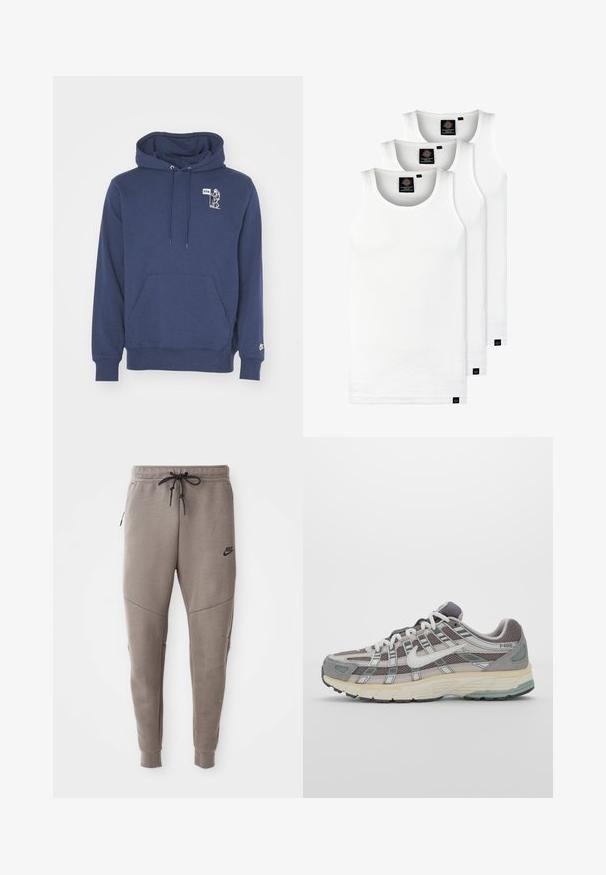 Navy zila kapuce, izgatavota no mīksta auduma. Tai ir priekšējais kangaroo kabata, aukliņu kapuce un balts grafiskais attēls ar tekstu uz krūšu daļas.; Trīs baltas ribotas krūšturi, kas izgatavoti no kokvilnas. Iezīmēti ar apaļu kakla izgriezumu un maziem melniem etiķetēm tuvu apakšmalai. Pieejami vairākos izmēros.; Pelēki Nike sporta bikses ar aukliņu viduklī, sašaurinātiem galiem, sānu kabatām un izteiktām šuvēm. Mīksta, teksturēta auduma.; Pelēkie sporta apavi ar tīkla un zamša augšdaļu, baltiem akcentiem, mīkstinātu zoli un izcilu dizainu ar atstarotājiem.