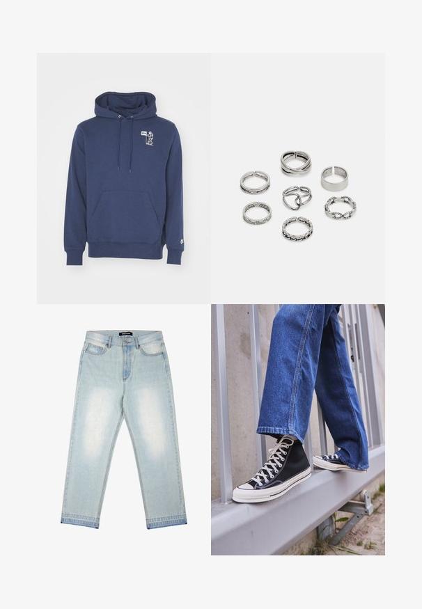 Tamsiai mėlynas džemperis su gobtuvu, pagamintas iš minkštos medžiagos. Jo savybės: priekinė kengūros kišenė, gobtuvas su raišteliais ir balta grafika su tekstu ant krūtinės.; Pegador BARROW - Laisvi džinsai - sand washed blue; Juodi aukšti sportiniai bateliai su baltu padu ir raišteliais, derinami su laisvai krentančiais mėlynais džinsais, atremti į pilką turėklą.; Septyni sidabriniai žiedai, nusprendti įvairiais dizainais, įskaitant susuktus, susietus ir raižytus raštus. Skirtingos formos ir pločiai.