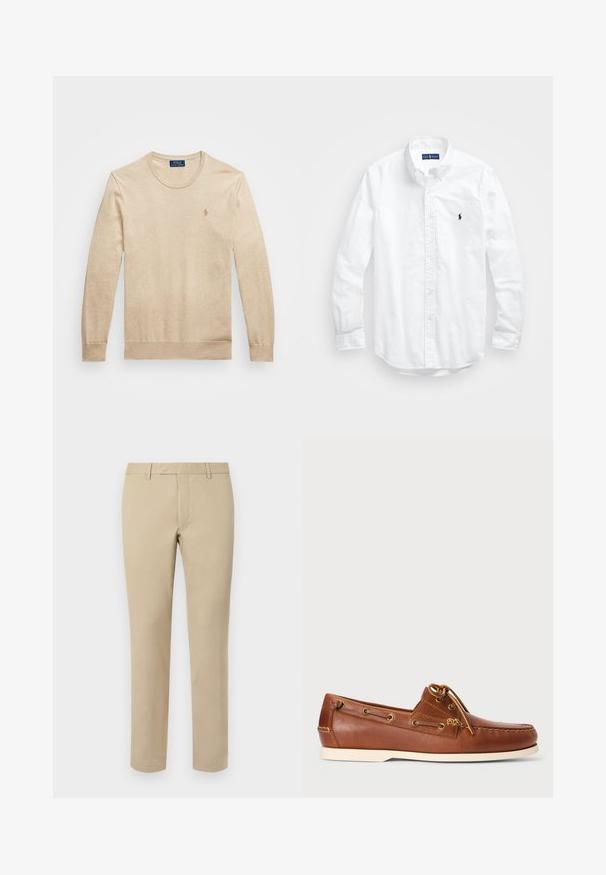 Μπεζ βαμβακερό πουλόβερ με στρογγυλή λαιμόκοψη, μακριά μανίκια και ριμπ μανσέτες. Διαθέτει ένα μικρό λογότυπο σε αντιστοιχία χρώματος στο στήθος.; Λευκό πουκάμισο μακριά μανίκια με κουμπιά από βαμβάκι. Διαθέτει κλασικό γιακά, κουμπιά στα μανίκια και μικρό ναυτικό κεντημένο λογότυπο στο στήθος.; Μπέζ βαμβακερό παντελόνι με ίσια γραμμή, διαθέτοντας θηλιές για ζώνη, λεία μπροστινή πλευρά και ραμμένα τελειώματα. Λείο ύφασμα και ελάχιστος σχεδιασμός.; Καφέ δερμάτινο μποτίνι σκαφών με κορδόνια, χρυσές οπές και κρεμ καουτσούκ σόλα. Σχεδιασμένο με ανάγλυφο σχέδιο ραφής στη μύτη.
