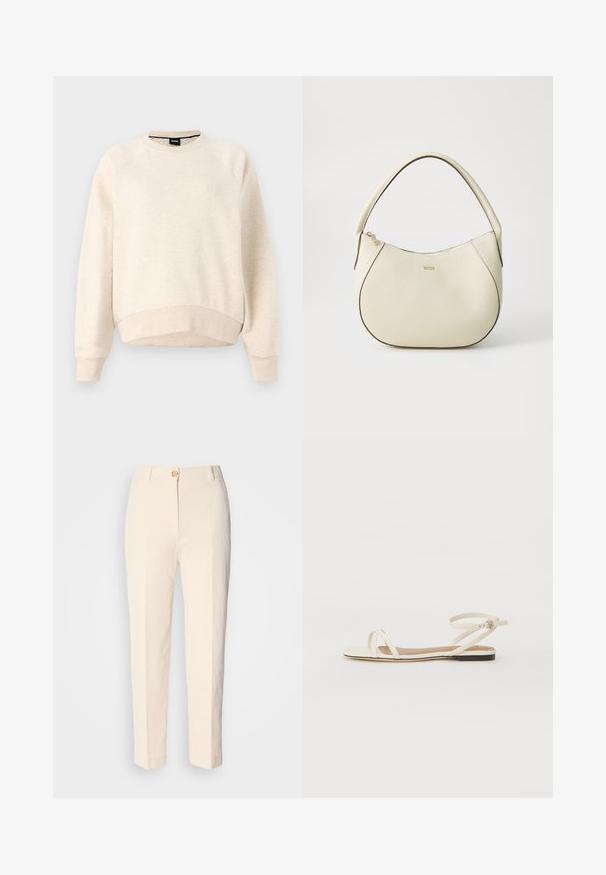Helebeige dressipluus ümmarguse kaelusega, ribitud mansettide ja alläärega ning väikese logoga rinnal. Pehme tekstuur ja lõdva läbilaskevõime.; Kreemikas värvi kõrge vöökohaga püksid, mis on valmistatud tekstureeritud kangast. Omab esFront nuppude sulgemist ja kitsenevaid jalgu.; Kreemivärvi nahast lamedad sandaalid õhukeste ristiliste rihmadega, pahkluu rihm lukuga, minimalistlik disain ja kontrastne must põhja.; Kreemivärvi käsipott, millel on tekstureeritud viimistlus, kumer kuju, lühike käepide ja kuldse tooniga logo detail. Ülemine lukustus.