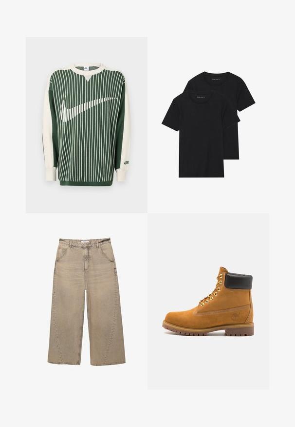 Zielony i kremowy sweter dzianinowy w pionowe paski, z dużym białym logo Nike, ściągaczami na mankietach oraz okrągłym dekoltem.; Dwie czarne bawełniane koszulki z krótkimi rękawami, okrągłymi dekoltami i gładką fakturą, wyeksponowane ułożone jedna na drugiej.; PULL&BEAR - Jeansy baggy; Beżowe zamszowe botki sięgające kostki z czarną wyściełaną krawędzią, złotymi oczkami, białymi detalami szycia oraz wytrzymałą gumową podeszwą z wyraźnym bieżnikiem.