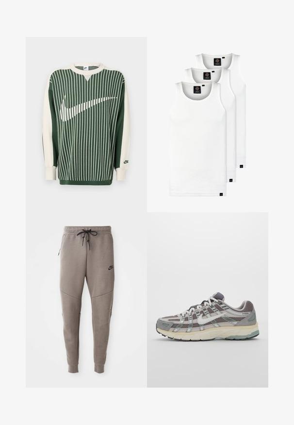 Grön och gräddfärgad stickad tröja med vertikala ränder, med en stor vit Nike-logotyp, ribbade muddar och rund halsringning.; Tre vita ribbade linnen i bomull. Har rund halsringning och små svarta etiketter vid fållen. Finns i flera storlekar.; Grå Nike sweatpants med dragsko i midjan, avsmalnande ben, sidofickor och tydlig sömdekoration. Mjuk, strukturerad tyg.; Grå atletiska sko med en överdel av mesh och mocka, vita accenter, en vadderad sula och en unik design med reflekterande element.