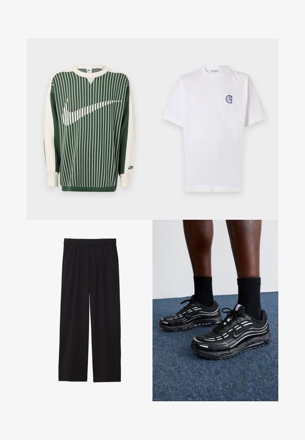 Grønn og kremfarget strikkegenser med vertikale striper, med en stor hvit Nike-logo, ribbestrikkede mansjetter og rund hals.; Hvit bomulls-T-skjorte med korte ermer, rund hals og en liten, brodert blå "C"-logo på venstre brystområde.; Svarte vide bukser med plisserte detaljer foran, sidelommer, og en glatt tekstur. Designet for en avslappet passform.; Sorte Nike-sko har en mesh-overdel med aksentstriper, teksturert snøring og en svart gummisåle. Brukt med svarte ribbede sokker.