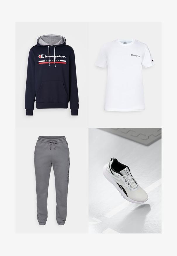 Tamno plava dukserica s kapuljačom od pamuka, sa sivoj unutrašnjosti kapuljače, prednjim džepom i belim/crvenim Champion logom i prugama.; Bijela pamučna majica s okruglim izrezom, kratkim rukavima i crnim izvezenim logotipom "Champion" na prsima i na rukavu.; Champion ICONS TONAL CUFF LARGE LOGO - Donji dijelovi trenirke - foggy; Svijetlosivi atletski tenisice s crnim akcentima, teksturirani mrežasti gornji dio, ekstra udobna potplate i vezanje na vezice. Ima oznaku za povlačenje na peti.