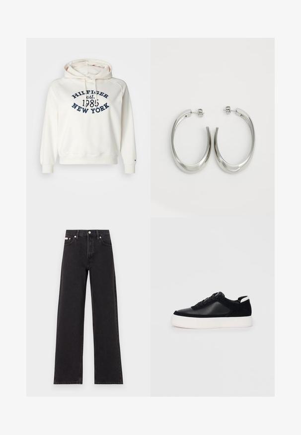 Sweat à capuche blanc en tissu doux, avec cordon de serrage, poignets et ourlet côtelés, orné d'une broderie "HILFIGER est. 1985 NEW YORK" en bleu marine.; Jeans noirs à jambes larges en denim, avec une taille haute, une coupe à cinq poches et une fermeture à bouton en métal avec des coutures contrastantes.; Sneaker noir avec des panneaux en cuir lisse et en daim, lacets plats, bout rond et semelle en caoutchouc blanche. Logo distinct au niveau du talon.; Boucles d'oreilles en argent avec un design lisse et courbé. Présentent une finition métallique brillante et une fermeture à clou. Pas de motifs ou d'accents visibles.