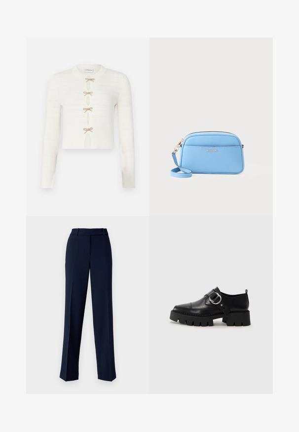 Weiße gestrickte, kurz geschnittene Strickjacke mit langen Ärmeln, strukturiertem Design und fünf goldenen Schleifenverschlüssen an der Vorderseite.; Marineblaue Anzughose aus glattem Stoff, mit geradem Schnitt, Gürtelschlaufen und Vorderfalten.; Schwarze Leder Schuhe mit einer dicken, gerippten Sohle, die mit einer runden silbernen Hardware-Akzent und minimalen Stickdetails ausgestattet sind.; Hellblaues Leder-Crossbody-Bag mit goldfarbenen Beschlägen, Reißverschluss und einer Fronttasche. Verfügt über einen verstellbaren Riemen für zusätzlichen Komfort.