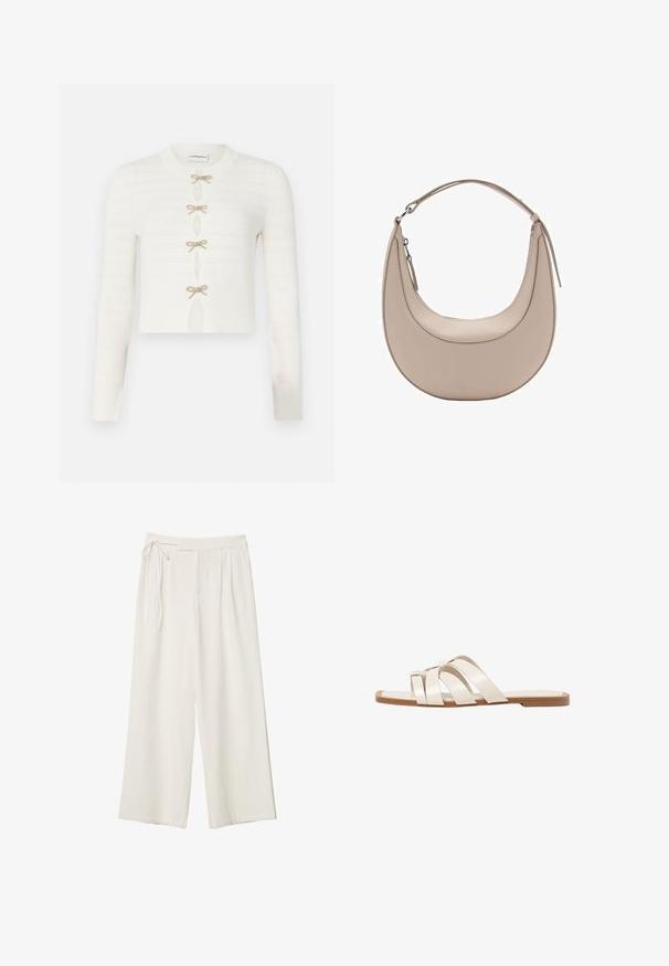 Bijela pletena skraćena jakna s dugim rukavima, teksturiranim dizajnom i pet zlatnih mašnica kao zatvaranje sprijeda.; Hlače širokih nogavica od off-white tkanine s glatkom teksturom. Imaju vezani struk i naborani prednji dio, dizajnirane za opuštenu prilagodbu.; Ravne sandale s smeškom od gume, dizajnirane s tri preklapajuće bele kožne trake i malim detaljem mašne u sredini.; Bež kožna torba za rame u obliku polumjeseca, glatke teksture i s jednim zakrivljenim ručkom. Sadrži zatvor na zip i uredno šivenje.